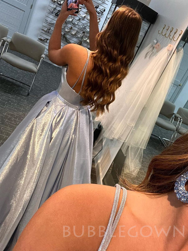 A-Line Spaghetti Straps Grey Sparkly Long Evening Prom Dresses, Cheap Custom Dresses,MR7909