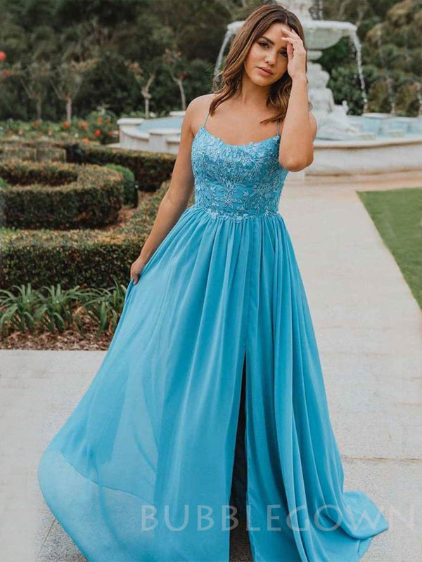 A-line Blue Chiffon Beaded Spaghetti Straps Long Evening Prom Dresses, Cheap Custom Prom Dresses, MR7911