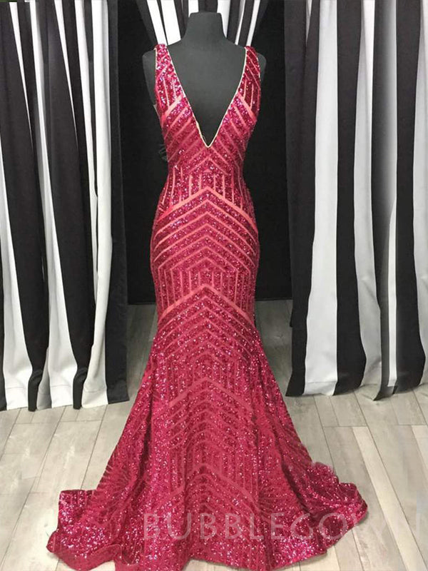 Deep V-neck Burgundy Sequin Mermaid Long Evening Prom Dresses, Cheap Custom Prom Dresses, MR7912