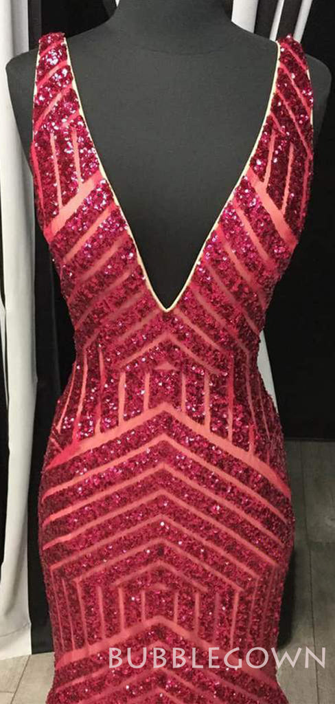 Deep V-neck Burgundy Sequin Mermaid Long Evening Prom Dresses, Cheap Custom Prom Dresses, MR7912