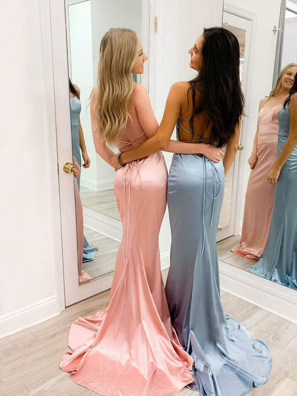 Pink/Grey Satin Spaghetti Straps Mermaid Long Evening Prom Dresses, Cheap Custom Prom Dresses, MR7913