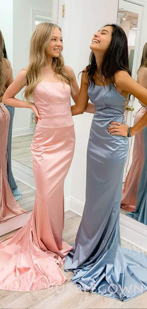 Pink/Grey Satin Spaghetti Straps Mermaid Long Evening Prom Dresses, Cheap Custom Prom Dresses, MR7913