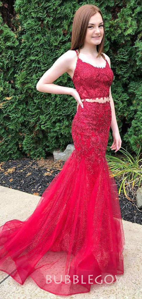 Two Pieces Burgundy Tulle Mermaid Appliques Lace Long Evening Prom Dresses, MR7914