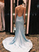 Sky Blue Satin Sparkly Long Mermaid Evening Prom Dresses, Cheap Custom Prom Dresses, MR7915