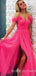 Off Shoulder Hot Pink Tulle A-line Long Evening Prom Dresses, MR7916