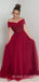 Off Shoulder Burgundy Tulle A-line Beaded Long Evening Prom Dresses, MR7919