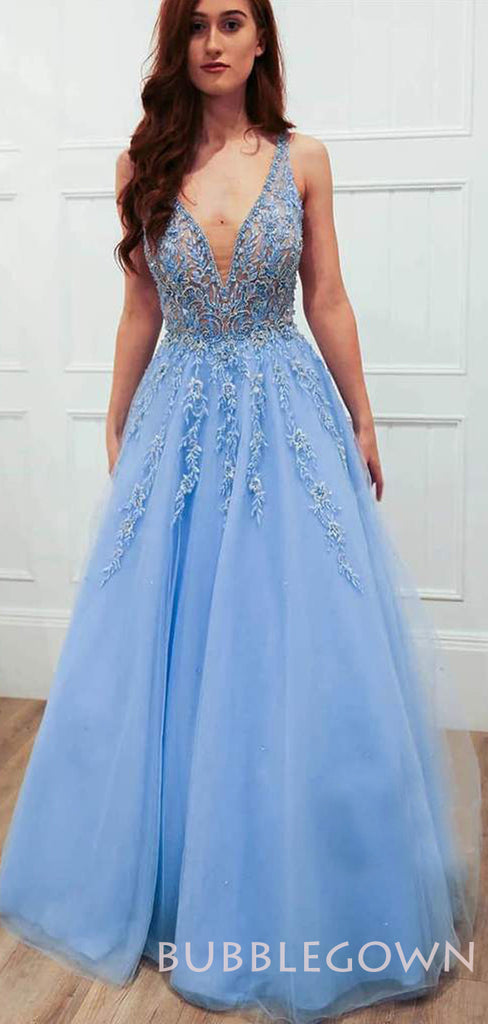 A-line Sky Blue Tulle Appliques Lace Long Beaded Evening Prom Dresses, Cheap Custom Prom Dresses, MR7920