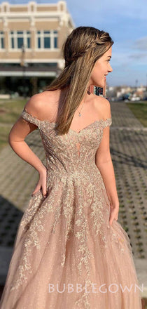 Off Sholder Tulle Appliques Lace A-line Long Sparkly Evening Prom Dresses, Cheap Custom Prom Dresses, MR7923
