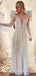 Champagne Tulle Long Sleeves A-line Beaded Long Evening Prom Dresses, MR7925