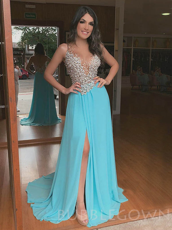 A-line Spa Chiffon Beaded Long Evening Prom Dresses, Cheap Custom Prom Dresses, MR7928