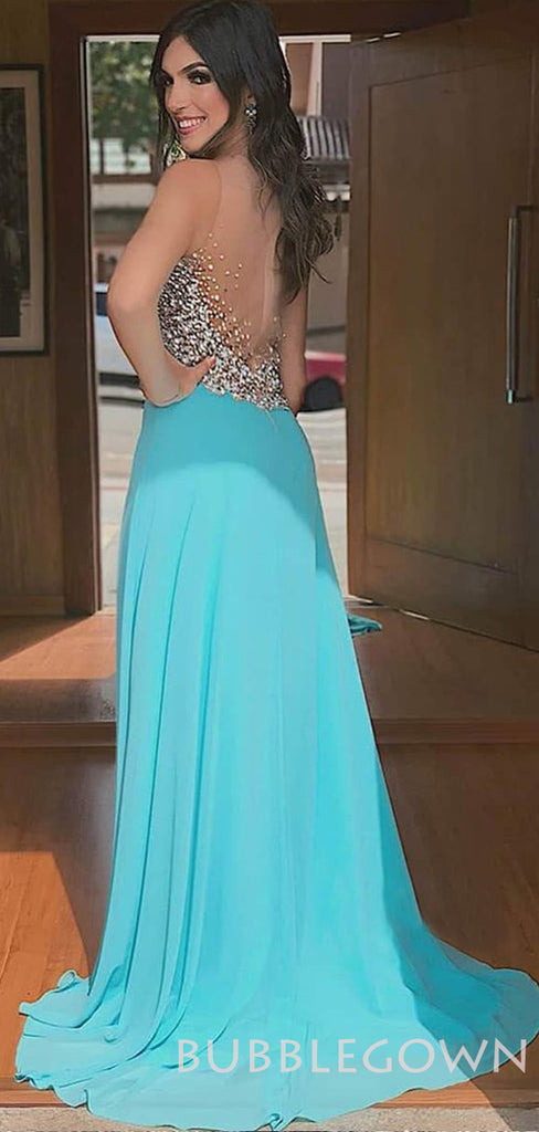 A-line Spa Chiffon Beaded Long Evening Prom Dresses, Cheap Custom Prom Dresses, MR7928