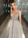 Deep V-neck Grey Tulle See Through Beaded Long Evening Prom Dresses, V-back Prom Dress, MR7929