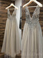 Deep V-neck Grey Tulle See Through Beaded Long Evening Prom Dresses, V-back Prom Dress, MR7929