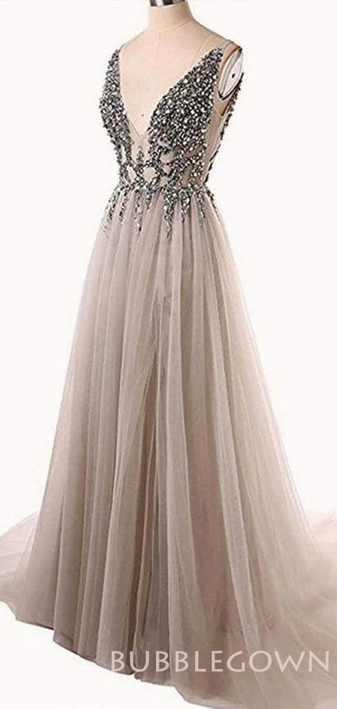 Deep V-neck Grey Tulle See Through Beaded Long Evening Prom Dresses, V-back Prom Dress, MR7929