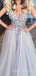 Deep V-neck Grey Tulle See Through Beaded Long Evening Prom Dresses, V-back Prom Dress, MR7929