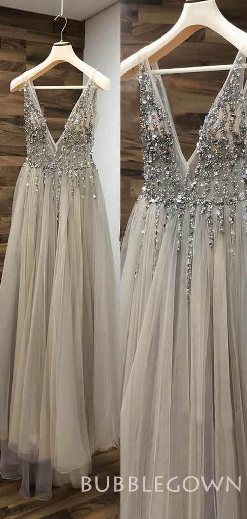 Deep V-neck Grey Tulle See Through Beaded Long Evening Prom Dresses, V-back Prom Dress, MR7929