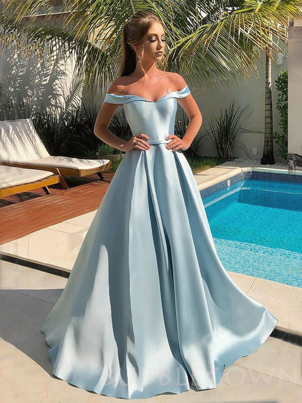 Off Shoulder Sky Blue Satin A-line Long Evening Prom Dresses, Cheap Custom prom dresses, MR7930