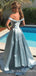 Off Shoulder Sky Blue Satin A-line Long Evening Prom Dresses, Cheap Custom prom dresses, MR7930