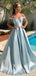 Off Shoulder Sky Blue Satin A-line Long Evening Prom Dresses, Cheap Custom prom dresses, MR7930