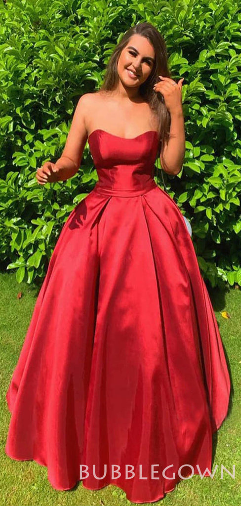 A-line Red Satin Strapless Long Evening Prom Dresses, Cheap Custom Ball Gown, MR7934