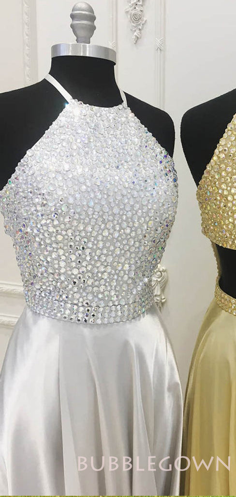 A-line Gold/silver Satin Beaded Halter Long Evening Prom Dresses, Cheap Custom prom dresses, MR7935