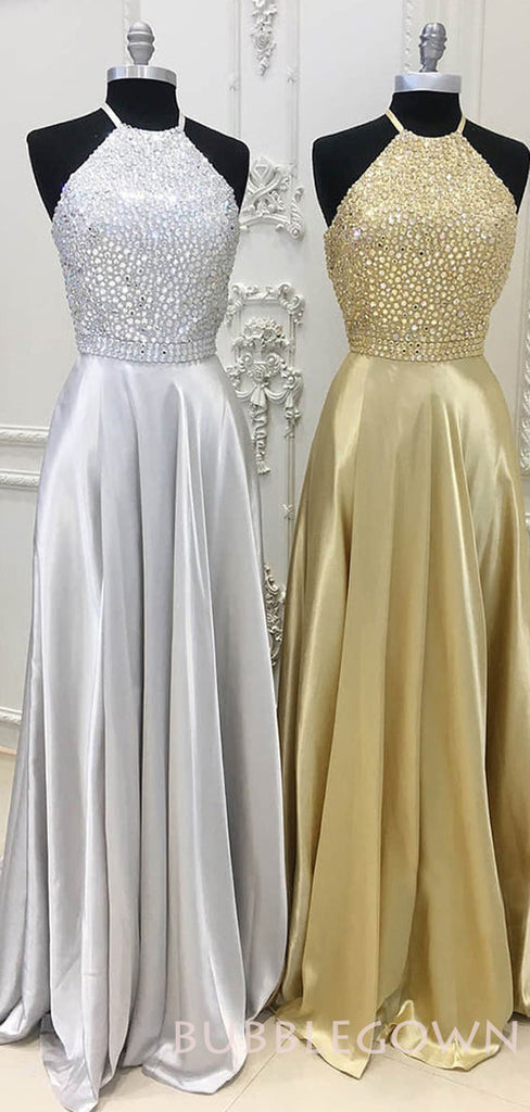 A-line Gold/silver Satin Beaded Halter Long Evening Prom Dresses, Cheap Custom prom dresses, MR7935