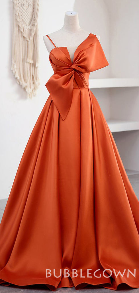 Papaya Satin A-line Long Evening Prom Dresses, Cheap Custom Spaghetti Straps Prom Dresses, MR7936