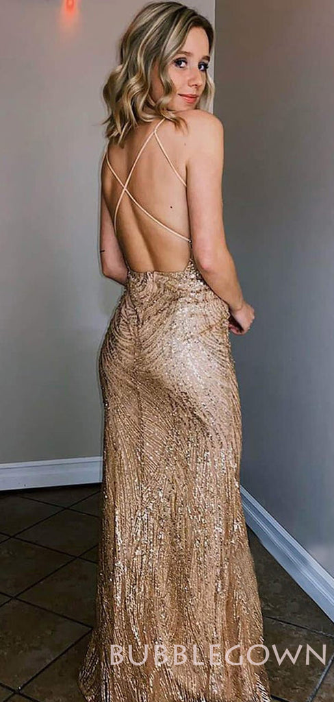 Gold Sequin Spaghetti Straps A-line Long Evening Prom Dresses, Cheap Custom Prom Dresses, MR7937