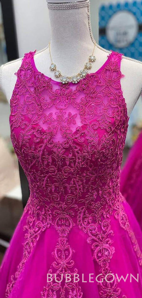 A-line Fuchsia Tulle Appliques Lace Long Illusion Evening Prom Dresses, Cheap Custom Prom Dresses, MR7938