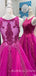 A-line Fuchsia Tulle Appliques Lace Long Illusion Evening Prom Dresses, Cheap Custom Prom Dresses, MR7938