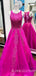 A-line Fuchsia Tulle Appliques Lace Long Illusion Evening Prom Dresses, Cheap Custom Prom Dresses, MR7938