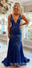 Royal Blue Sequin Deep V-neck Mermaid Long Evening Prom Dresses, Cheap Custom Prom Dresses, MR7939