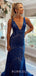 Royal Blue Sequin Deep V-neck Mermaid Long Evening Prom Dresses, Cheap Custom Prom Dresses, MR7939