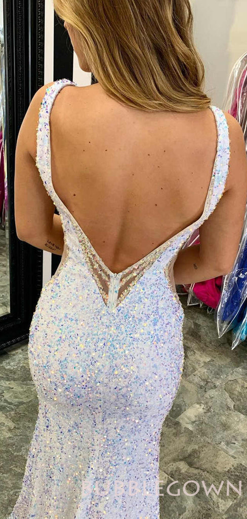 Deep V-neck White Sequin Mermaid Long Evening Prom Dresses, Cheap Custom Prom Dresses, MR7941