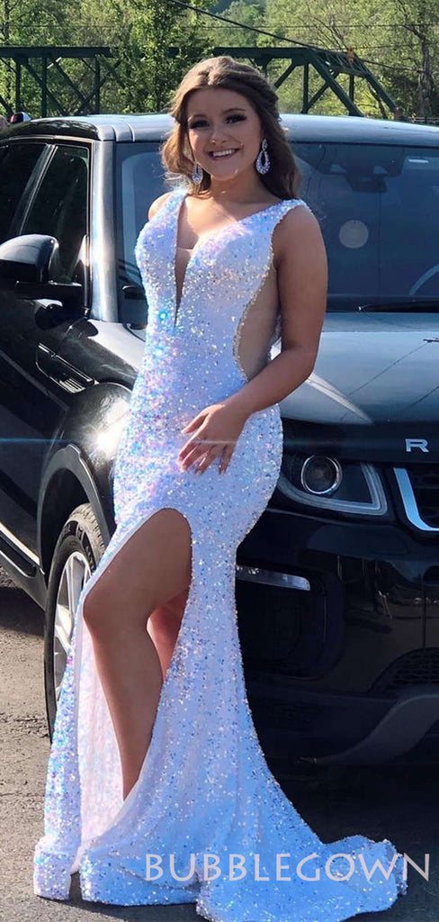 Deep V-neck White Sequin Mermaid Long Evening Prom Dresses, Cheap Custom Prom Dresses, MR7941