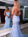 Sexy Backless Mermaid Blue Tulle Appliques Long Evening Prom Dresses, MR7945