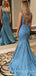 Sexy Deep V-neck Dusty Blue Sparkly Long Mermaid Evening Prom Dresses, MR7946