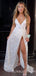 A-line Sheath Deep V-neck White Sequin Long Evening Prom Dresses, Cheap Custom Prom Dresses, MR7949