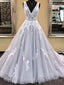 A-line Grey Tulle Appliques Lace Long Evening Prom Dresses, Cheap Custom Prom Dresses, MR7959