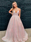 A-line Pink Sequin Spaghetti Straps Long Evening Prom Dresses, Cheap Custom Prom Dresses, MR7966