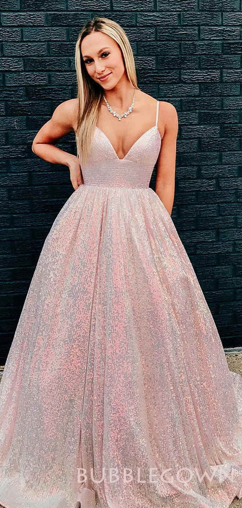 A-line Pink Sequin Spaghetti Straps Long Evening Prom Dresses, Cheap Custom Prom Dresses, MR7966