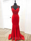 Mermaid Red Satin Appliques Lace Long Evening Prom Dresses, Cheap Custom Prom Dresses, MR7967