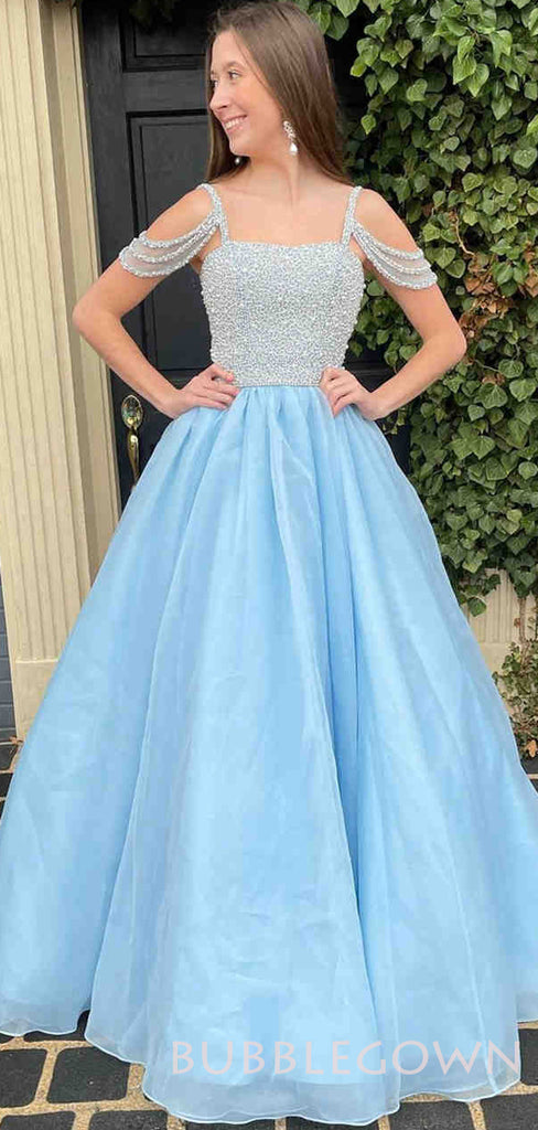 Sky Blue Organza Beaded A-line Long Evening Prom Dresses, Cheap Sweet Prom dresses, MR7971