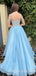 Sky Blue Organza Beaded A-line Long Evening Prom Dresses, Cheap Sweet Prom dresses, MR7971