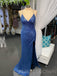 Mermaid Blue Sequin V-neck Long Evening Prom Dresses, Cheap Custom Prom Dresses, MR7976