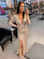 Long Sleeves Deep V-neck Champagne Sequin Mermaid Long Evening Prom Dresses, Cheap Custom Prom Dresses, MR7984