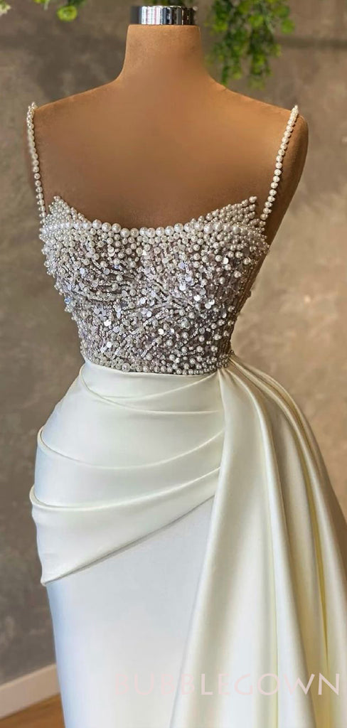 Mermaid White Satin Spaghetti Straps Beaded Long Evening Prom Dresses, Wedding Dresses, MR7991