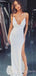 White Sequin Spaghetti Straps Deep V Neck Long Evening Prom Dresses, Cheap Custom Prom Dresses, MR7992