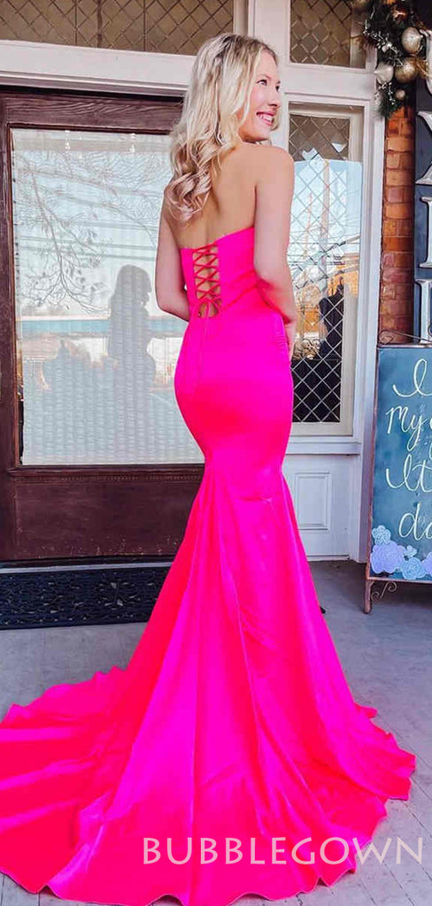 Hot Pink Satin Mermaid Long Strapless Evening Prom Dresses, Cheap Custom Prom Dress, MR8000