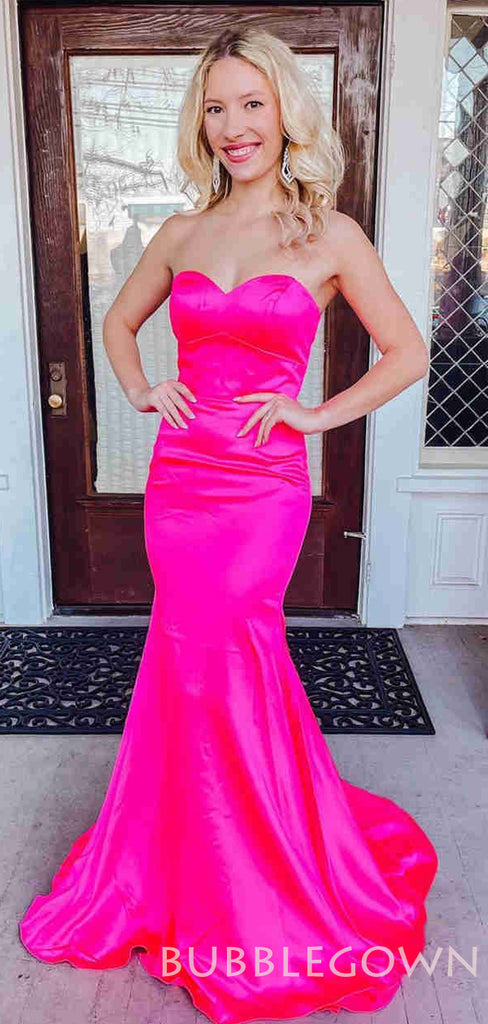 Hot Pink Satin Mermaid Long Strapless Evening Prom Dresses, Cheap Custom Prom Dress, MR8000